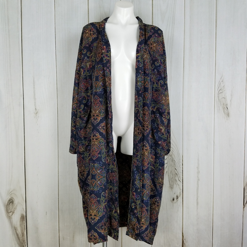 Vintage Blue 100% Silk Paisley Print Robe Kimono